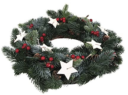 Rayher Tannenkranz, 34 cm ø, mit echten Ästen und echten Lärchenzapfen, roten Beeren und Holzsternen, Tannengrün, dekoriert, künstlicher Adventskranz, Türkranz, Wandkranz, 55949999