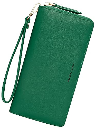 GEEAD Langformat Geldbörse für Damen, PU Leder Portemonnaie Gross Reißverschluss Telefon Geldbörse Frauen Armband Geldbörse Lange Clutch Geldbörse mit 12 Kartenfächern(Grün)