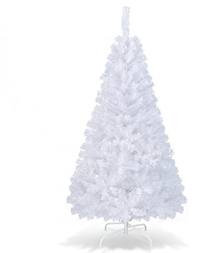 GYMAX Albero di Natale Artificiale 180 cm, 650 Rami Folti in PVC, Base in Metallo di 40 cm, Divisibile da Trasporto e Montaggio Facile, Albero Natalizio Ideale per Casa/Ufficio/Negozio, Bianco