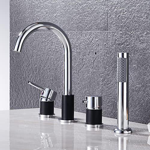 4 Trous Robinet de Douche Chaud et Froid Mitigeur Robinet Douche pour Baignoire Bifonctionnel Robinet Baignoire avec Pommeau de Douchette Extractible,Chrome+Noire