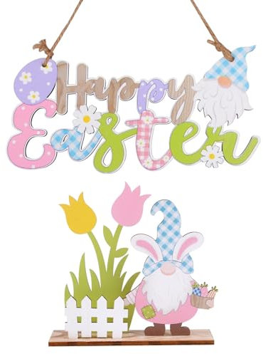 2 Decoración Pascua Madera Colgantes Letrero Pascua Happy Easter + Adornos Gnomos Madera de Pascua para Mesa Puerta Dormitorio