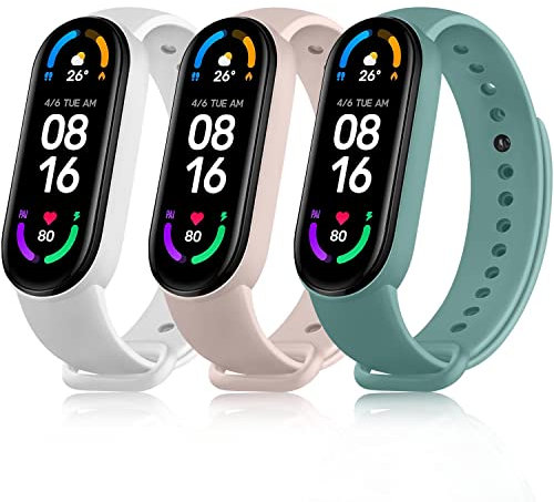 Mugust 3 Pack Correa Compatible con Xiaomi Mi Band 5 / Xiaomi Mi Band 6 / Amazfit Band 5, Pulseras de Repuesto de TPU Clásica para Xiaomi Mi Band 5 / Mi Band 6 Correas (Verde Aguja+Blanco+Rose)