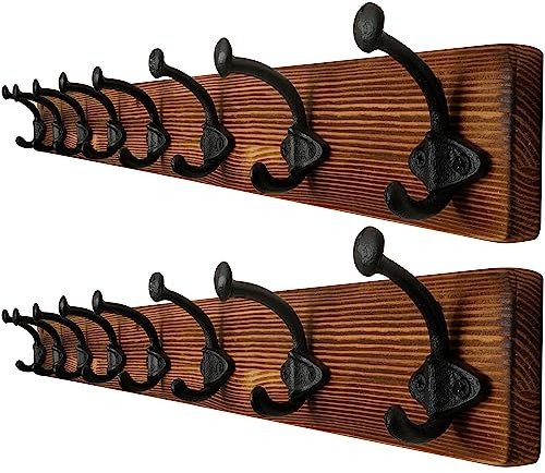 WEBI Garderobenleiste,Wandgarderobe Holz mit 8 Haken Gusseisen,Garderobenhaken Wand Garderobe Hakenleiste,Kleiderhaken Wand für Mäntel,Jacken,Braun,2 Stück