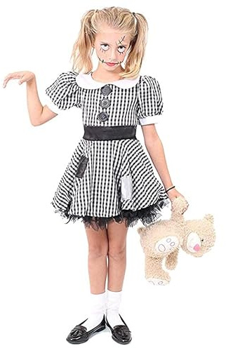 Costume de poupée effrayante pour fille – Taille S – Robe à carreaux noirs et blancs avec ourlet effiloché et patchs – Costume de poupée de ragdoll chinoise effrayante pour Halloween
