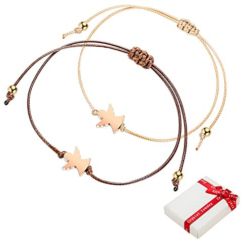 2 pezzi oro rosa Angelo Custode Bracciale Set fortunato, BFF Bracciali Amicizia Chiusura Tessuto Portafortuna Regalo per le ragazze adolescenti Donne Migliore Amico Battesimo Comunione Compleanno