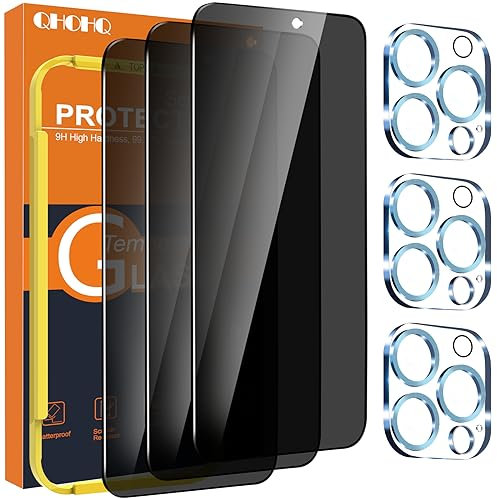 QHOHQ 3 Stück Sichtschutz für iPhone 15 Pro 6,1 Zoll mit 3 Stück Kameraschutz, Anti-Spähen Panzer Schutz Glas, HD Blickschutzfolie, 9H Härte, Anti-Kratzer, Bläschenfrei-Hellblau