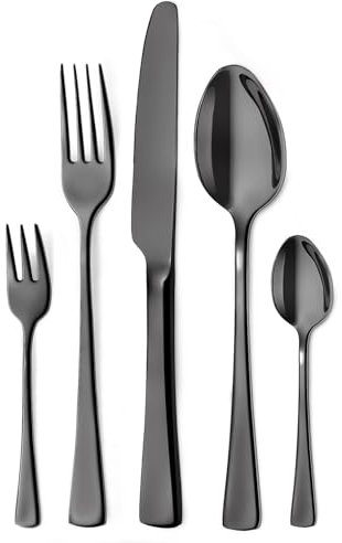 Targizer Schwarz Besteck Set 6 Personen,30 teilig Besteck aus Hochwertiges Edelstahl,Schwarz Besteckset mit Messern, Gabeln und Löffeln, Hochglanzpoliert und Spülmaschinenfest