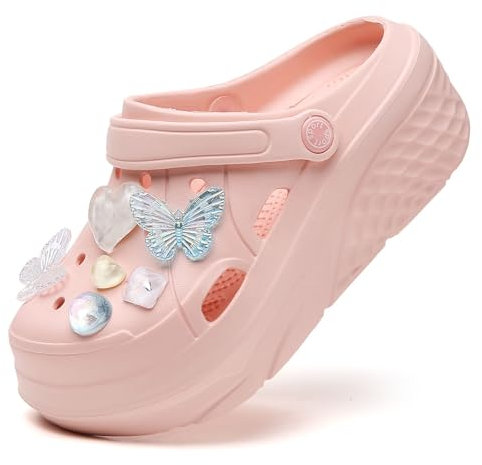 SECHRITE Platform Clogs Classic Sabots Femme Sandales D'Été Chaussures de Jardin Plage Piscine Chaussures de Piscine Pantoufles Sabots à Semelles Compensées, Rose Papillon 38 EU