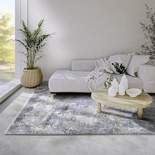 Villeroy & Boch Kurzflor Teppich Joseph - Vintage Wohnzimmerteppich - Moderner Fransenteppich für Wohnzimmer, Schlafzimmer, Esszimmer, Flur – Blau Creme, 160x225cm