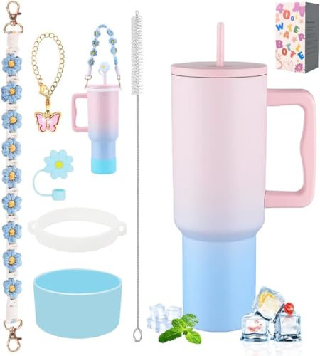 40 oz Tumbler with Handle and Straw & 6PCS Cup Accessories for 40 oz Cup - Vacuum Insulated Stainless Steel Double Wall Water Bottle Travel Coffee Mug - Holiday Gifts for Women Men (Bubble)