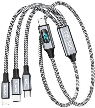 RAVIAD 100W Câble Chargeur Multi Embout USB C [0.5M] Schnellladekabel mit LED 3 in 1 Ladekabel [100W]+USB C vers Lightning[27W]+USBC vers Micro[10W] pour iPhone 16/15/14, Galaxy, Pad Pro/Mini, MacBook