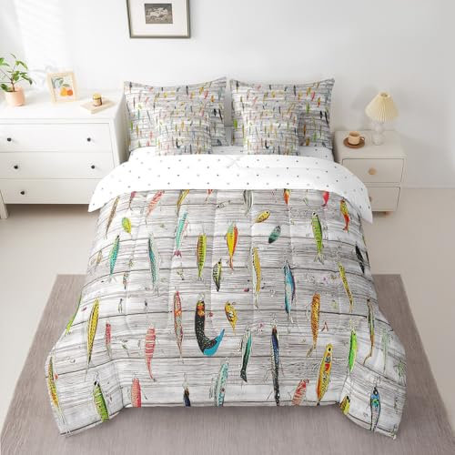 Feelyou Fischköder-Bettwäsche-Set, 7-teilig, volle Größe, Angel- und Jagd-Bettwäsche-Set für Kinder, Jungen, Mädchen, rustikales Landhaus-Holzbett in einer Tasche mit Bettdecke + Bettlaken +