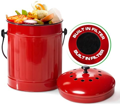 Plexon Countertop Compost Bin with Lid, Red 1.5 Gallon Odorless Kitchen Compost Container, Steel Food Compost Bucket for Kitchen with Charcoal Filter, Compost Pail for Kitchen Countertop