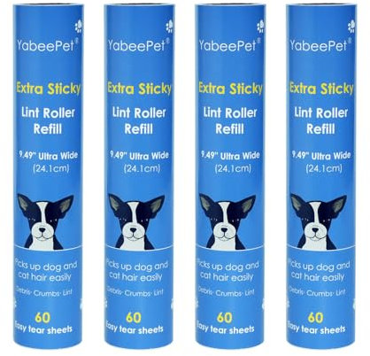 4 Pack Large Lint Roller Refills, 24.1cm Extra Sticky Pet Hair Roller Refills for Carpets, Couch, Floor, Clothing, and Pet Hair Cleaning,4 Refills Only, 240 Sheets Total