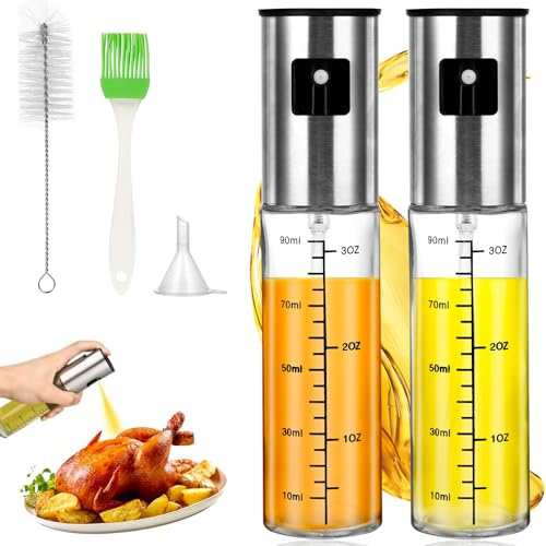 Set da 5 Spruzzatori di Olio - 2 Bottiglie Spruzzatrici di Olio 90ml - Spruzzo Olio - Materiale Vetro - Consumo Preciso dell'Olio - Ideale per Cucinare, Grigliare, Insalate (Argento)