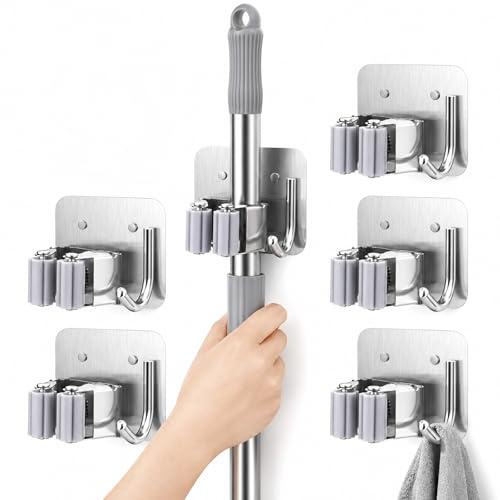 Anhoer Mop Broom Holder Wall Mounted 6 Pack, Self Adhesive Stainless Steel Mop Holder with Hook Hanger, No Drilling Broom Organiser for Kitchen Bathroom Garage Garden (Silver)