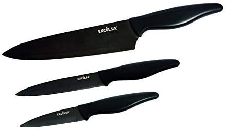 Excelsa Set 3 Coltelli da Cucina, Acciaio Rivestito al Titanio, Nero