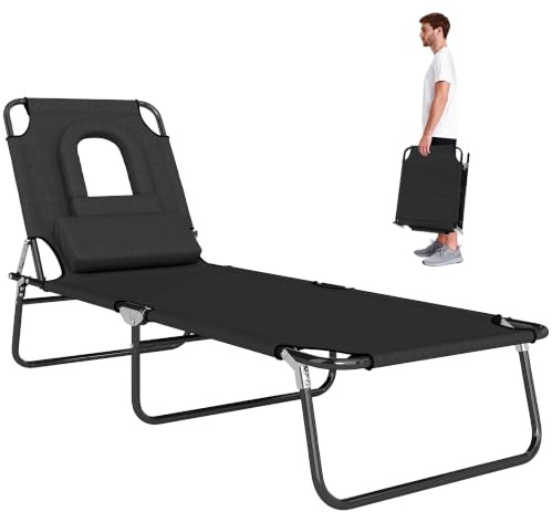 Outsunny Folding Sun Lounger with Face Hole, 4-Position Adjustable Backrest Garden Recliner Chair Sunbed, Outdoor Lounge Chair with 600 D Oxford Cloth Seat, Pillow for Beach, Black