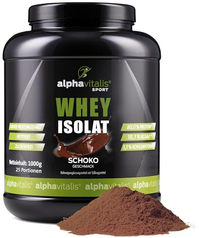Whey Protein Pulver Isolate 1KG - 82% Proteingehalt - Eiweißpulver zuckerfrei & fettfrei - 100% leckerer WPI Proteinshake für den Muskelaufbau (Schoko Geschmack)