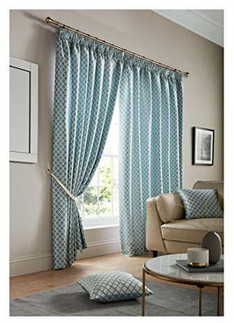 Alan Symonds Cotswold Fully Lined Jacquard Pencil Pleat Taped Top Curtains - Pair (Teal, 90 x 90 (229x229cm))