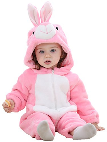 Cooky.D Pyjama à capuche pour bébé en flanelle - Taille 100 cm (0 à 36 mois) - Lapin - Rose