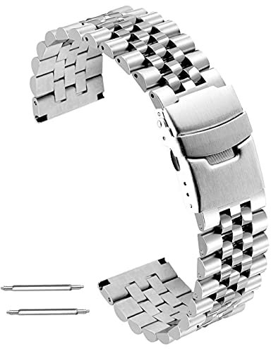 20mm Super 3D Stainless Steel Watch Strap Band Round&Sturdy Silver Brushed Metal Watch Bracelet with Double Locks Diver Clasp for Men Wome