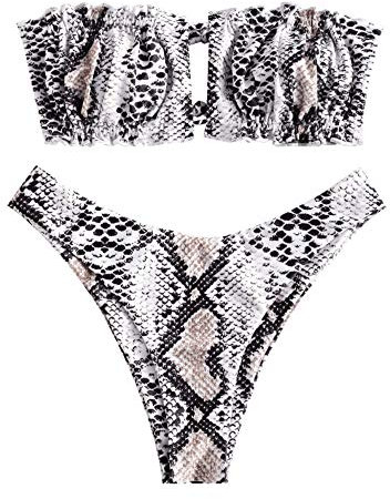 ZAFUL Damen Bikini Set, schulterfrei Bandeau mit Kordelzug & Rüschen High Cut Bademode mit Tierdruck (Schlangenmuster, M)