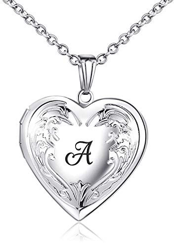 MUERDOU Locket Necklace that Holds Pictures Initial Alphabet Letter Heart Shaped Photo Memory Locket Pendant Necklaces A