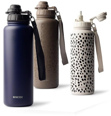 MAMEIDO Thermosflasche Thermobehälter Isolierbecher mit Strohhalm 700ml, auslaufsichere Trinkflasche Edelstahl isoliert, Wasserflasche mit Trageschlaufe, BPA-frei (Dark Night, 0,7l)