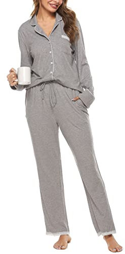 Vlazom Pyjamas Set for Women, Soft Two Pieces Pjs Sets Long Sleeve Button Down Tops and Pants Sleepwear Loungewear with Pockets,Grey,M