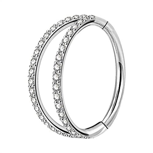 OUFER Body Piercing Helix Earrings Hoop Double Line Clear CZ Paved Septum Ring Cartilage Earrings 16G 316L Stainless Steel Daith Earring Helix Piercing Jewellery 6mm