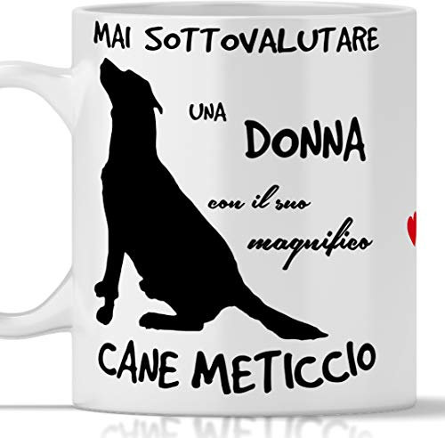 Tazza Cane Meticcio per colazione, the, tisana, caffè, cappuccino. Gadget tazza Mai Sottovalutare una Donna con un Cane cane meticcio. Idea regalo originale