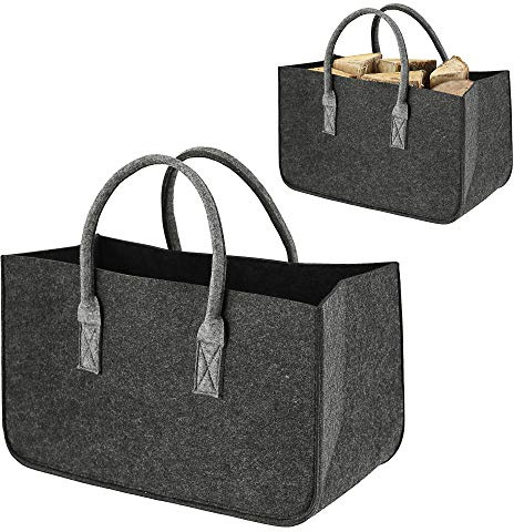 Kaminholztasche aus Filz │Stabiler Korb für Brennholz │hellgrau 48 x 28 x 25 cm (1 x Kaminholztasche dunkelgrau)