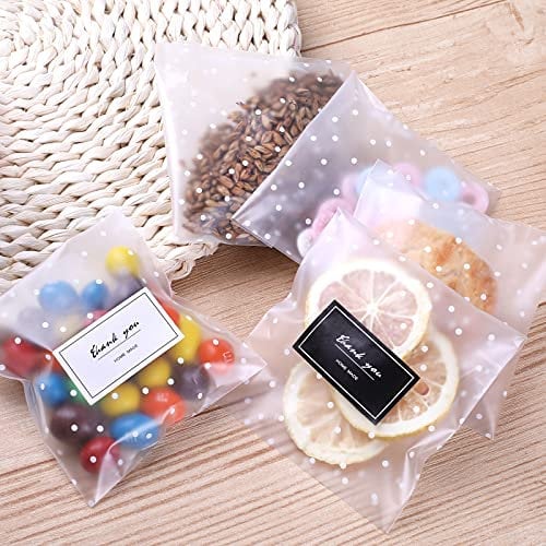 Self-Adhesive Cookie Packs - 10x10cm Wax Melt Bags with Stickers, Clear & Glassine Bags for Food - 100 Pcs in White Plastic Polka Dots