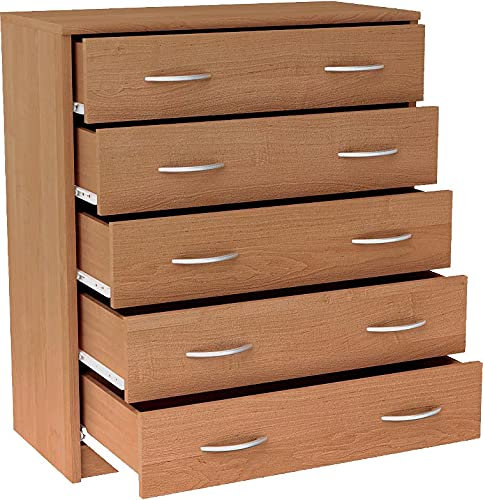 MATKAM Schubladen-Kommode 5S in moderner Optik, B 74 x H 85 x T 35 cm, laminierte Möbelplatte 16 mm, mit Rückwand, 5 Schubfächer, Jede mit Zwei Griffen zum Aufmachen (Erle)