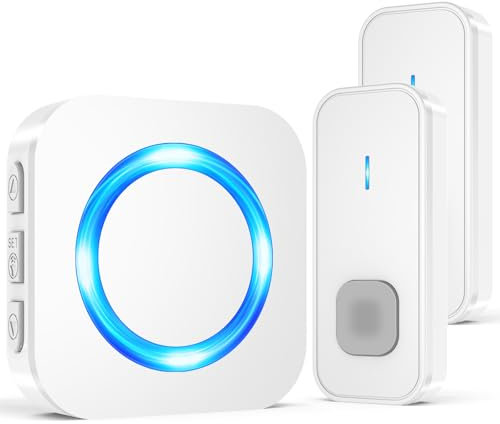 SURFOU Wireless Doorbell,1300ft Long Range Waterproof Cordless Door Bell Chime Kit, 2 Remote Push Buttons 1 Plug-in Receiver with 55 Ringtones 5 Volume, Flashing LED, for Front or Back doorbell Sets