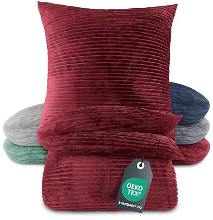 BaSaTex Winter Plüsch Bettwäsche Set | 200x220 cm Deckenbezug + 2X 80x80 cm Kissenbezug | Cashmere-Touch Coral Fleece,Rip-Cord“ | Reißverschluss | Bordeaux