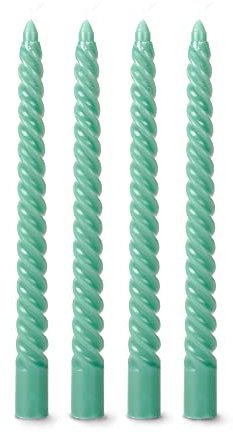 flature Spiralkerzen gedrehte Deko Kerzen - Twisted Candles 4er Pack durchgefärbte Stabkerzen gedreht 2,2cm Durchmesser aus Paraffinwachs, 25cm Hoch, Boho dekorative Kerzen, Salbei