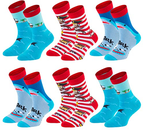 TippTexx 24 Kinder Socken, handgekettelt, 6 Paar für Mädchen/Jungen, weiche Baumwolle, viele Muster (Pirat, 3-4 Jahre)
