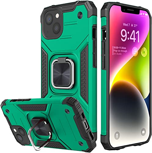 Honeyview ShockProof Case for iPhone 13/14 with Ring Kickstand, Bumper Armour Phone Cover for Apple iPhone 13/14 - Dark Green