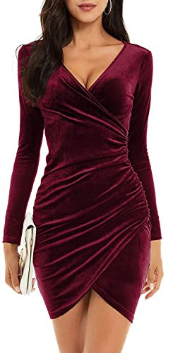 Yutdeng Vestidos para Mujer Elegantes Vestido de Fiesta Invierno Casual Manga Larga Cuello V Vestidos de Noche Corto Ropa Fiesta Cóctel Escote de Pico Terciopelo Vintage, Rojo, S
