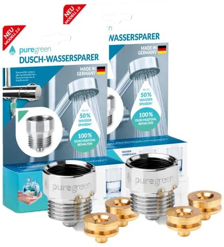 puregreen 2x Dusch-Wassersparer | Leichte Installation, passend auf nahezu alle Duscharmaturen & Duschköpfe | Bis zu 50% Wasser sparen ohne Komfortverlust [chromfarben]