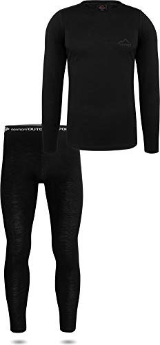 normani Herren Merino Unterwäsche-Set Garnitur (Unterhemd und Unterhose) 100% Merinowolle Thermounterwäsche Ski-Funktionsunterwäsche Farbe Dunkel-Schwarz Größe M/50