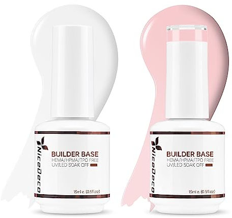 Nicedeco 2pcs 15ml Gel Construction Ongle UV 8 en 1, Gel Builder Base de Renforcement, Réparation et Extensions, Vernis à Ongles Forts, Base Coat, Le Nail Art Décoration - Clair + Rose
