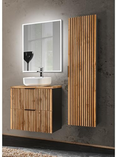 Lomadox Badezimmer Set 3-teilig mit Hochschrank Waschtisch Unterschrank 60 cm Keramik Waschbecken Spiegel anthrazit mit Eiche Nb. Schwarze Rillen