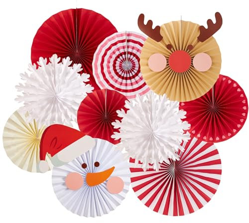 EASY JOY Weihnachten Party Deko 10er-Set Papierfächer Schneemann Elch Schneeflocke Rot Deko Dekoration Papier Fächer für Weihnachten Geburtstag Party Tischdeko Klassenzimmer Hintergrund