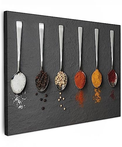 MuchoWow© Bild auf Leinwand 80x60 cm Schlafzimmer Bilder Badezimmer Wand Deko Wohnzimmer Modern Wanddeko Bilderwand Geschenk Küche - Gewürze - Löffel - Tisch - Rustikal - Kräuter