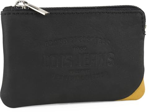 Lois - Porte Monnaie Homme en Cuir Souple Petit Format Multi Rangements Anti RFID avec Porte Carte, Noir/Jaune
