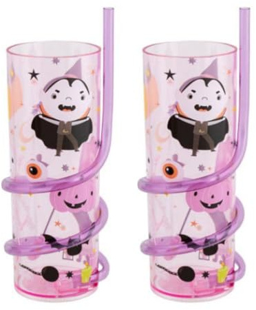FabFinds Kids Drinks Cup with Curly Straw Reusable Drinks Cup 2 Pack (Purple Halloween)