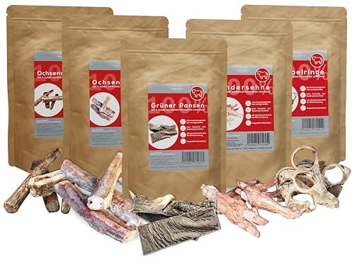 BARFAWAY Sparpaket Kauspaß XL, gefriergetrocknete Kausnacks (Ochsenziemer, Knorpelringe, Ochsenschwänze, grüner Pansen, Rindersehne), geruchsneutral, 100% natürlich ohne Zusätze, 5er Pack (1520 g)